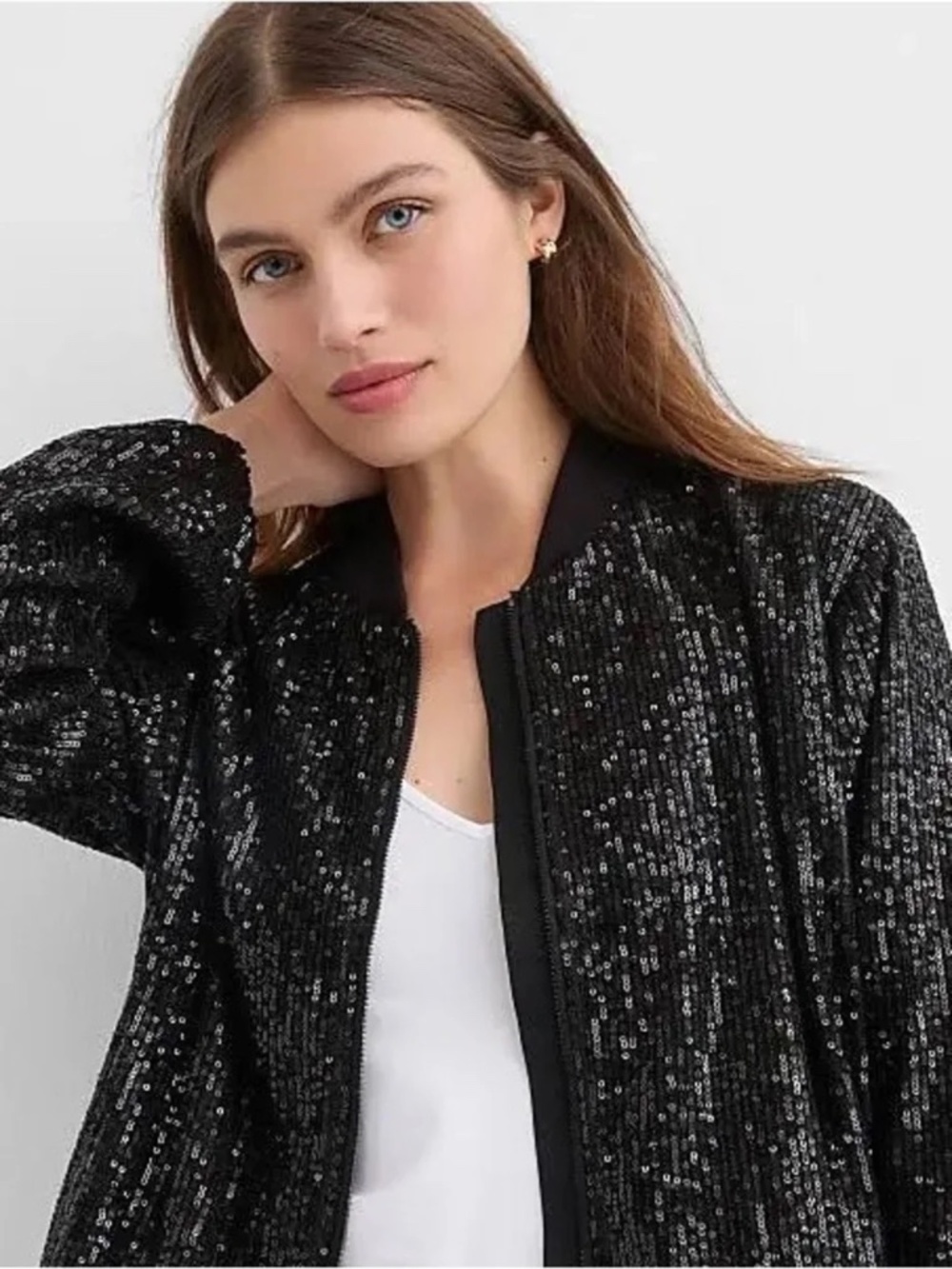 LOFT Black Sequin Full Zip Bomber Jacket Sparkle Evening Size XL